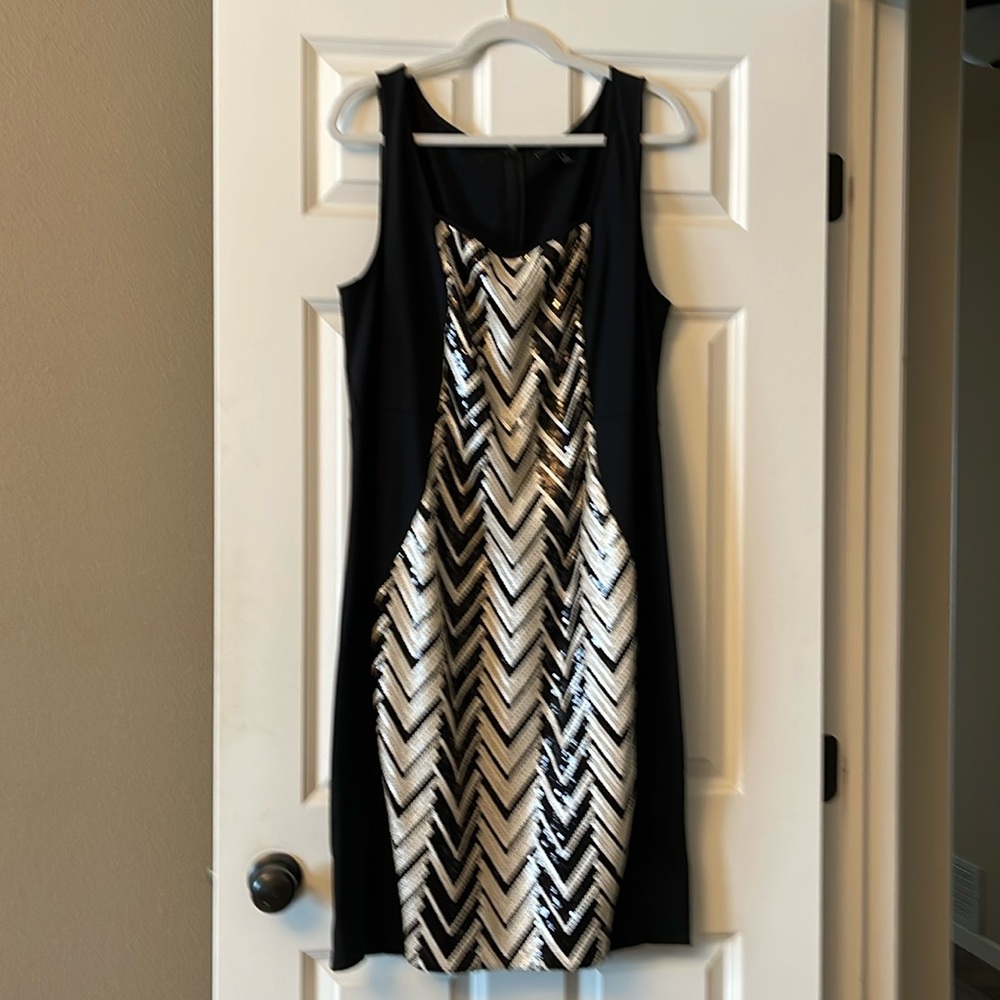 sheath style zip back closure sequin detail . No lining, Square neckline